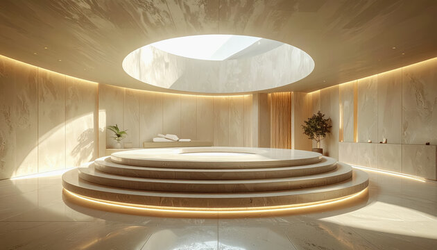 Luxurious spa interior with circular skylight and tiered circular platform with integrated lighting