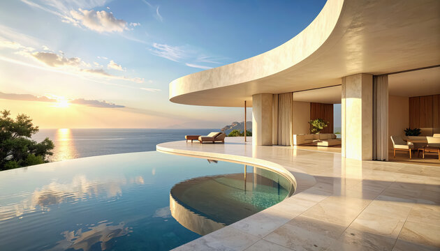 Luxurious modern villa with infinity pool overlooking the ocean at sunset