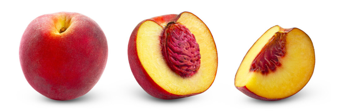 Isolated red juicy peaches fruits collection. Whole fresh peach, half of peach and cut in peach slice isolate set.
