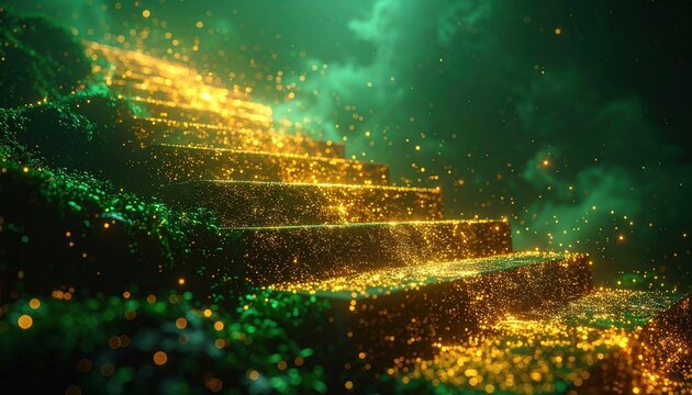 Gold particles forming an upward staircase with green glow, minimalist investment background