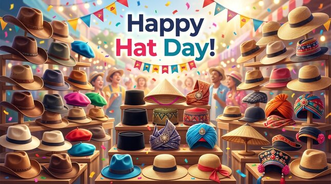 Artwork showing Happy Hat Day celebration diverse hats cowboy berets straw fedoras conical turbans embroidered headwear wooden stands confetti flags festive street fair