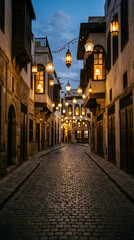 Fototapeta premium Traditional Ramadan Lanterns Lighting a Narrow Historic Street at Night