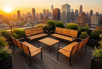 Fototapeta premium Urban rooftop garden with city skyline at sunset, outdoor living and modern architecture, sustainable design and green spaces