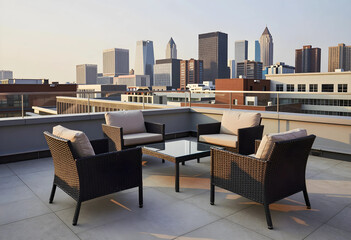 Fototapeta premium Urban rooftop lounge area with city skyline view, modern outdoor living and relaxation space for hospitality and real estate