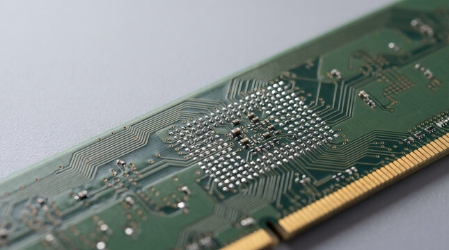 Macro view of green computer RAM memory module board showing circuit traces and metallic pins.