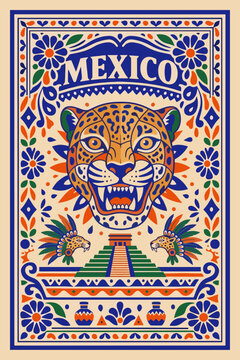 Vibrant Mexican Folk Art Illustration Featuring a Stylized Jaguar Head, Mayan Pyramid, and Traditional Floral Patterns in Talavera Inspired Design