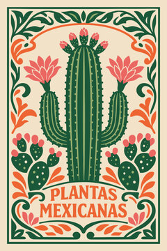 Vintage Mexican Botanical Poster Illustration Featuring Flowering Saguaro and Prickly Pear Cacti with Decorative Floral Border and Plantas Mexicanas Text
