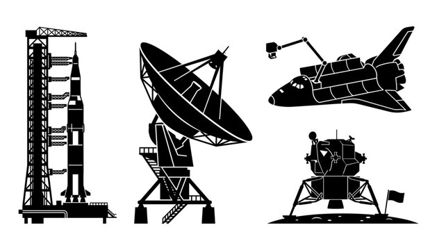 Space exploration and technology vector icons set featuring a launchpad rocket, satellite dish antenna, orbiting space shuttle, and lunar lander module silhouette.