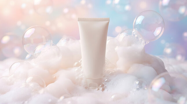 Blank cosmetic tube standing in a pile of soft white foam with floating soap bubbles against a dreamy pastel blurred background for beauty and skincare product advertising and presentation