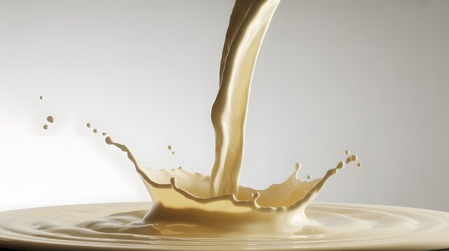 Creamy beige liquid pouring down to create a dynamic splash effect against a clean background
