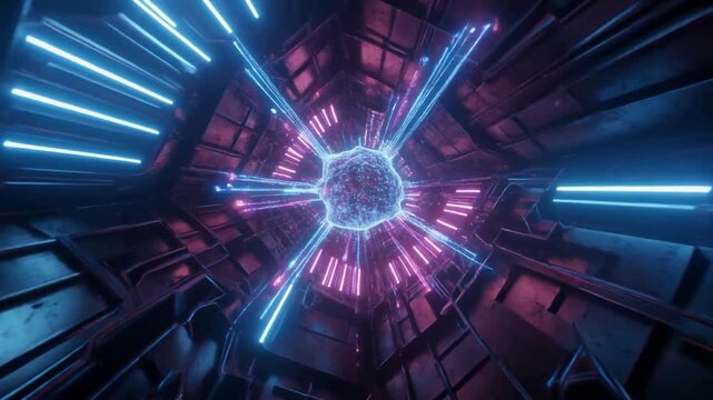 Futuristic cyberpunk spaceship tunnel traveling through hyperspace with glowing neon lights and abstract digital cyberspace motion