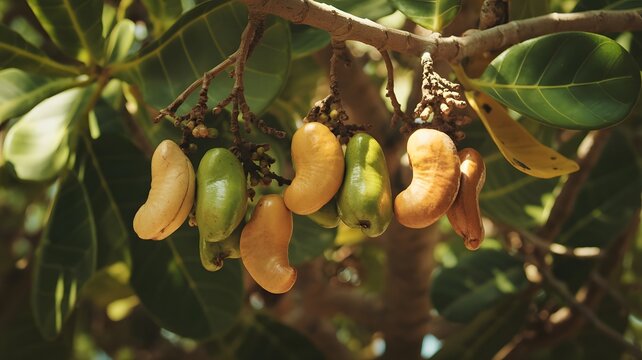 Ripe cashew fruits hanging from a leafy tropical tree branch in warm sunny natural daylight