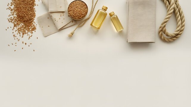 Organic wheat seeds and golden essential oils arranged neatly on a clean white professional studio surface
