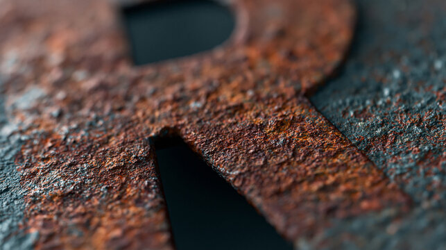 Close-up of rustic, weathered metal surface with letter 'R' prominently displayed.