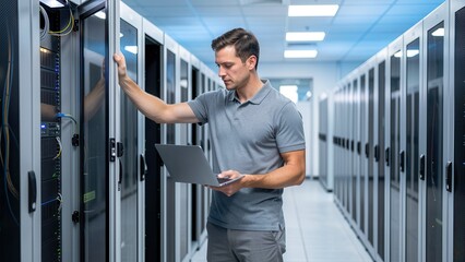 Fototapeta premium focused it administrator working with laptop inside bright advanced data center equipment maintenance professional setting