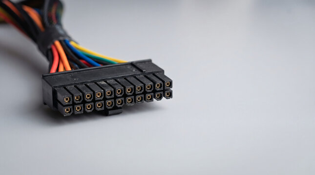 24-pin ATX motherboard power supply connector with colorful wires isolated on neutral background