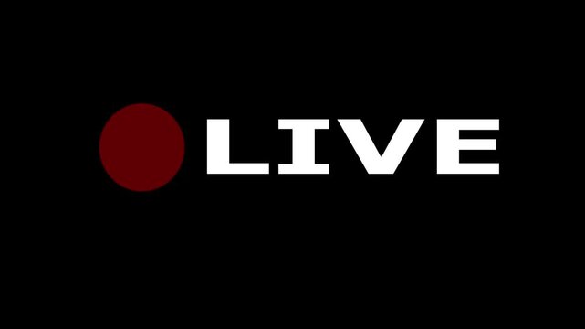 Graphic symbol featuring blinking red circle next to bold white text spelling live against solid black backdrop motion broadcast footage for video media.