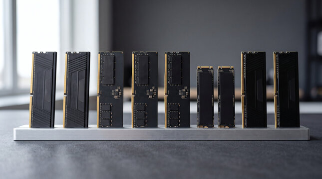 Row of high performance computer RAM modules and NVMe SSD storage on a metal hardware stand