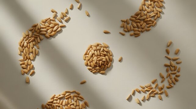Shelled sunflower seeds arranged in artistic circular patterns on a neutral beige surface with soft shadows