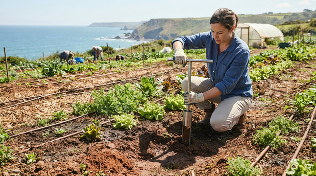 Woman planting on a coastal hillside plot with an ocean view behind her