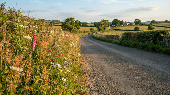 Narrow paved road curving through rural landscape lined with wildflowers grasses and distant village