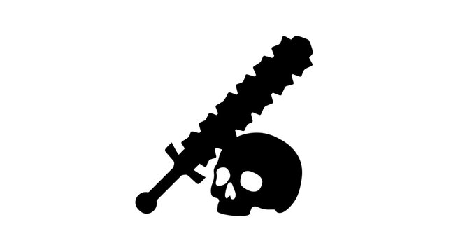 Black silhouette of a jagged sword resting against a human skull