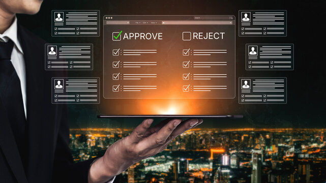 Businessman Holding Laptop with Approval and Rejection Interface Against Cityscape Background Representing Digital Decision-Making and Workflow Management. Bitwise.