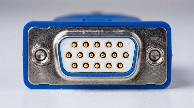 Macro view of blue male VGA connector with gold-plated pins for computer monitor display connection.