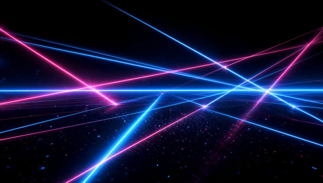 Abstract background, with intersecting neon, blue and pink, laser beams cutting, through a dark, space filled with, tiny glowing particles, of light