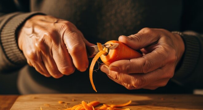 A person removes the outer layer from a carrot with a knife on a wooden cutting board while preparing food