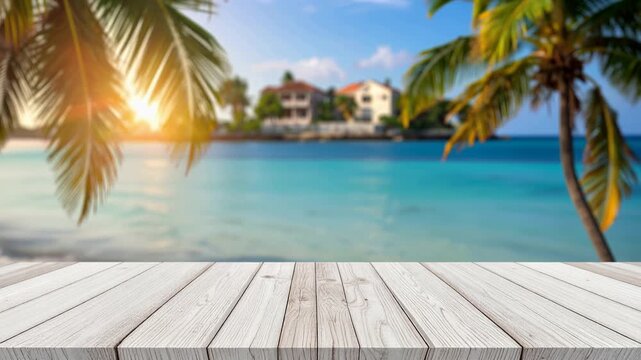 Wooden table overlooking a calm blue sea, coastal lifestyle photography, serene vacation atmosphere, 4K video