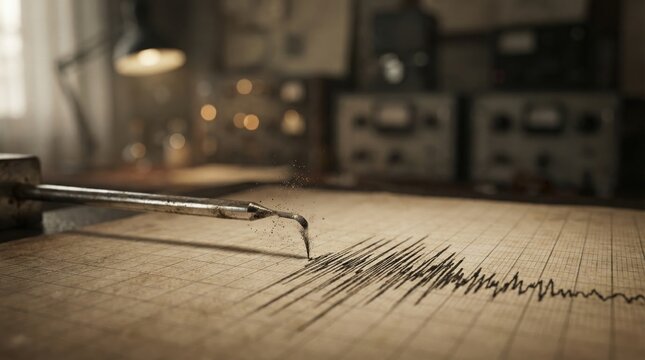 A seismograph shows lines on paper as it records vibrations from the earth in a lab filled with old equipment