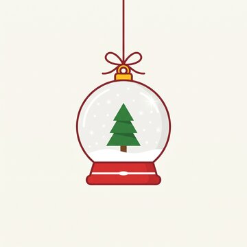 Flat vector illustration of a hanging Christmas snow globe ornament with a pine tree inside, isolated on a light background.