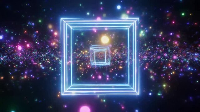 Futuristic neon cube glowing in a digital cosmos with colorful particle stars and vibrant light effects for modern technology concept background
