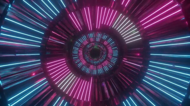Futuristic neon light tunnel with glowing pink and blue circular geometric patterns spinning endlessly in a cyberspace digital portal background