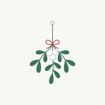 Flat vector illustration of a hanging mistletoe sprig ornament with white berries and a red bow, isolated on a light background.