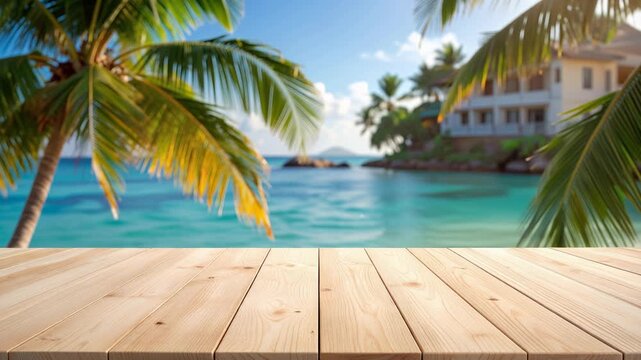Wooden table overlooking a calm blue sea, coastal lifestyle photography, serene vacation atmosphere, 4K video