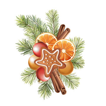 Hand-drawn Christmas gingerbread star pine branch bauble clipart