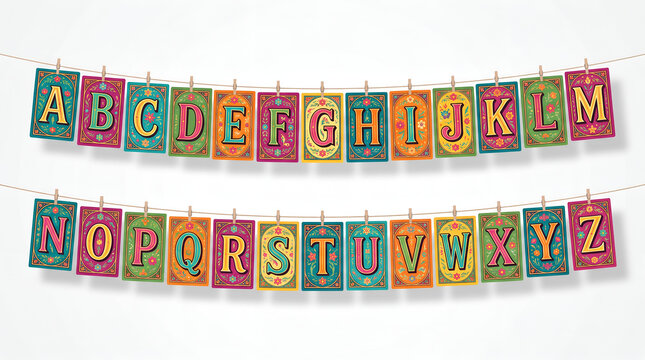 Alphabet letters A to Z hanging on a string with colorful backgrounds.