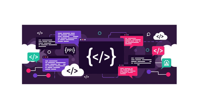 Modern Web Development and Programming Illustration with Code Icons and Cloud Computing Elements