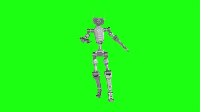 Futuristic 3d robot walking animation, metallic humanoid android character, isolated on green screen key background