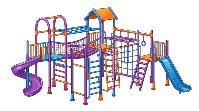 Colorful children's playground equipment with slides and climbing structures