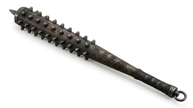 Rustic spiked club weapon with leather grip on white background