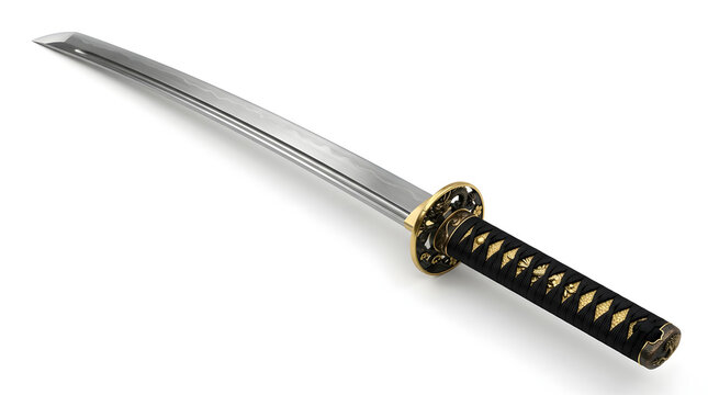 Traditional Japanese katana sword with ornate handle on white background