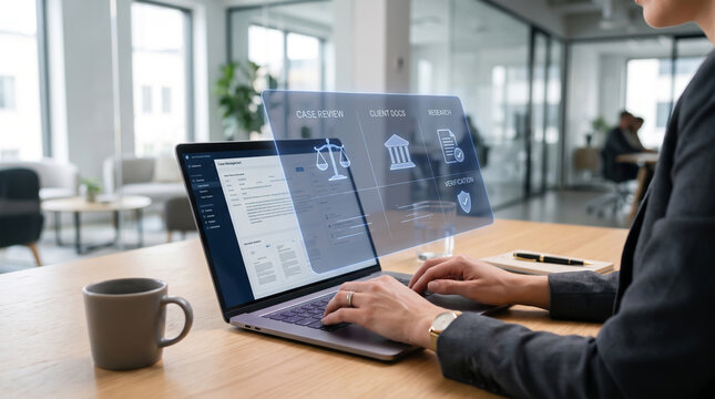 Legal technology concept with a woman using a laptop displaying holographic law icons
