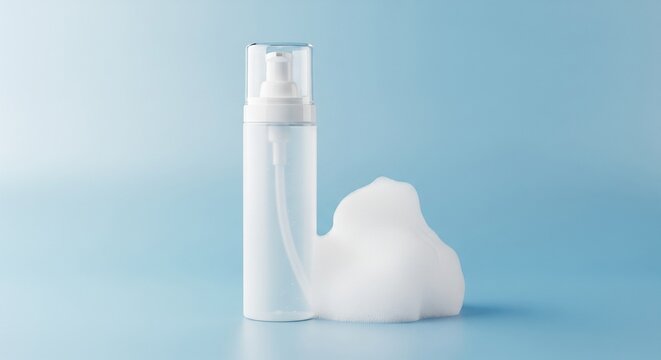 Transparent plastic pump bottle with white facial cleanser foam soap standing on a solid soft blue background studio shot