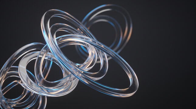 Abstract arrangement of interconnected transparent rings in a modern 3d render