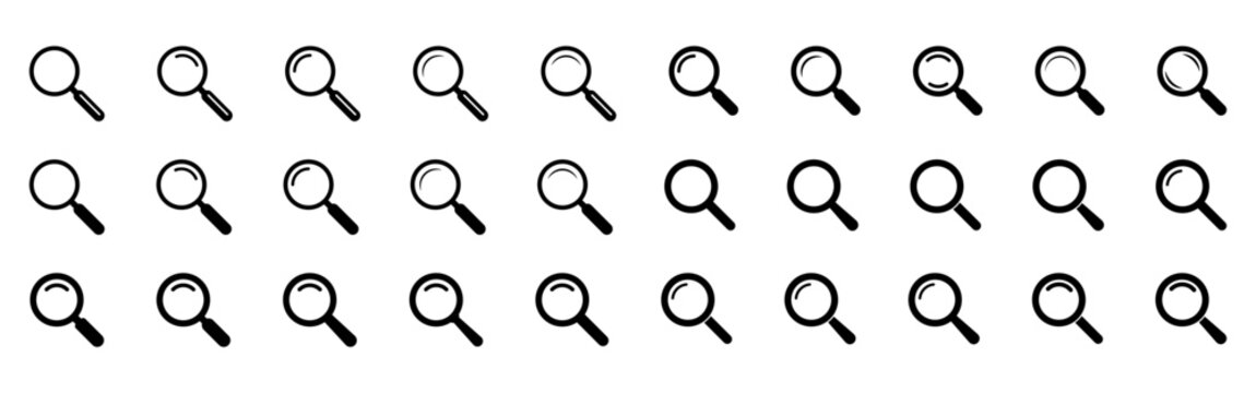 Magnifying Glass Icon Set for Search, Zoom, Find, Research, Inspection, Discovery and Web Interface Design