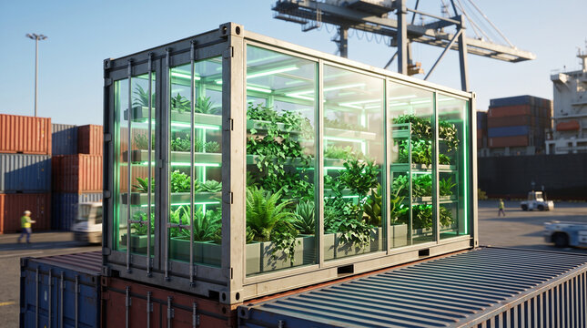 Glass Shipping Container with Vertical Farming and Green Lights