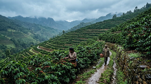 Farmers harvesting coffee beans by hand on a misty terraced hillside plantation